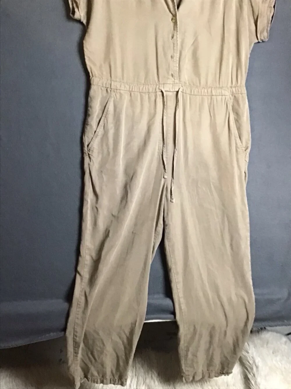 Free People Lottie Jumpsuit M  Tan Neutral Drawstring Waist Straight Leg